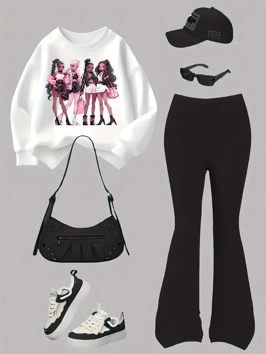 Girls' Sweatshirt and Bell-Bottom Pants Set with Cartoon Prints of Girl Groups, Y2K Trendy Cool Round-Neck Sweatshirt and Black Bell-Bottom Pants Set, Suitable for Girls to Wear in All Seasons, for Home Leisure and Going Out,