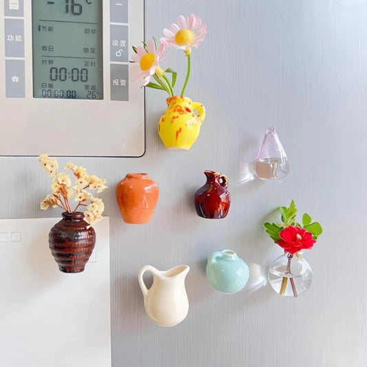 8Pcs (no plant) Mini Ceramics Vases Magnets Strong Magnetic Hold Buds Vases Magnets for Fridge Decoration and Office Use