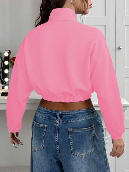 Spicy Girl Style Half-Zip Stand Collar Cropped Sweatshirt for Women, Loose Long Sleeve Waist-Cinched Hem Slim Fit VersatileTop