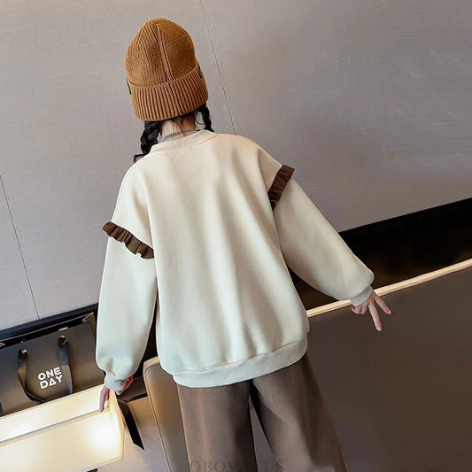 New Sweatshirt for Kids Girl Spring Fashion Ruffle Long Sleeve Tops Girl Cartoon Pattern Clothes Teenage Child Casual Streetwear