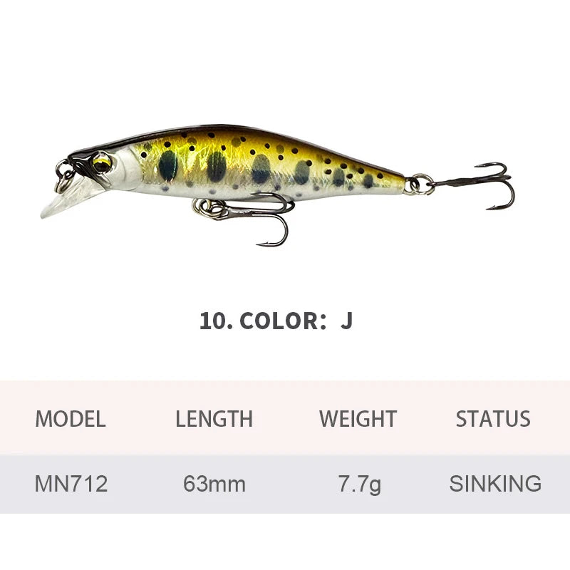 6.3cm 7.7g Fishing Lures Sinking Minnow Wobbler Long Casting Artificial Hard Bait Jerkbait Fishing Accessories Trout Bass MN712