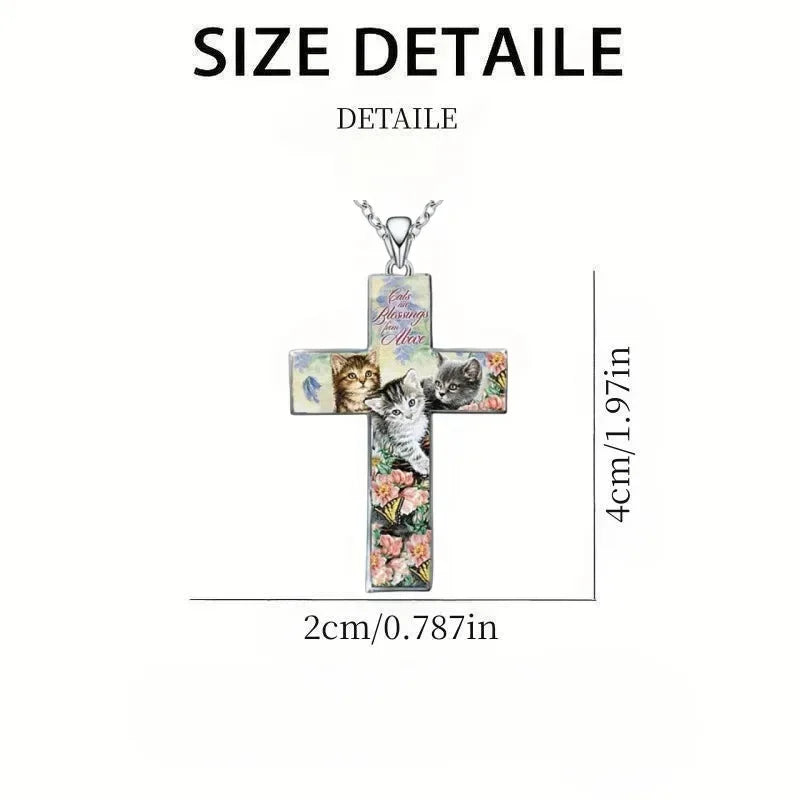 Trendy Cute Three Cats Cross Pendant Necklace for Kid Christian Religious Jewelry Accessories for Friend Birthday Gift Ожерелье