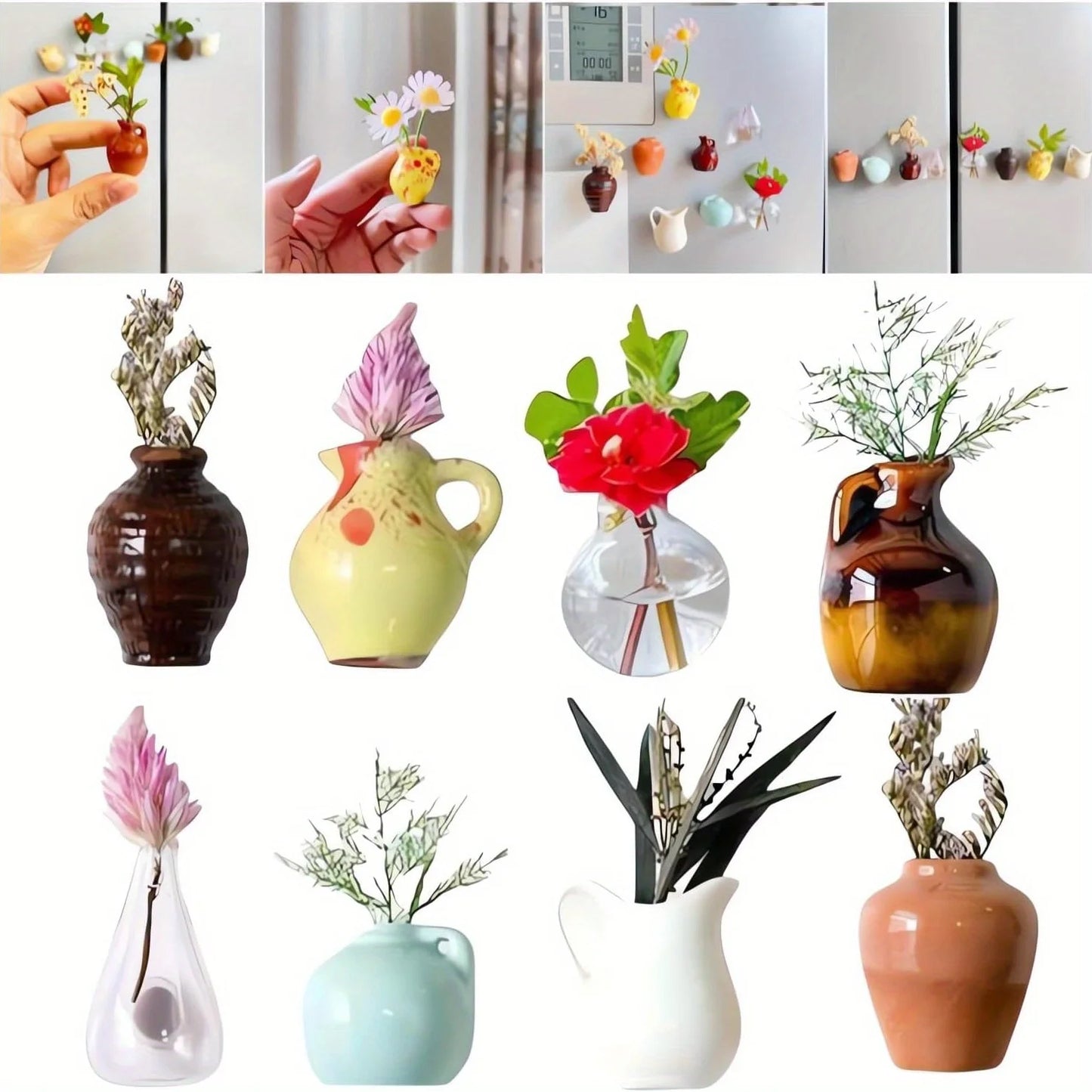 5/8Pcs (no plant) Mini Ceramics Vases Magnets Strong Magnetic Hold Buds Vases Magnets for Fridge Decoration and Office Use
