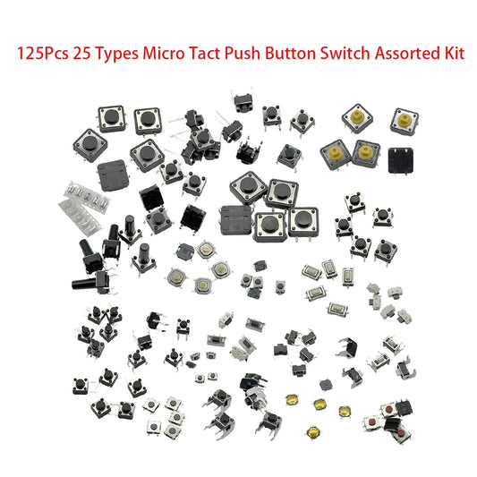 125Pcs 25 Types Micro Tact Push Button Switch Assorted Kit SMD DIP 2*4 3*6 4*4 6*6 12*12 Reset Mini Leaf Switches for Arduin