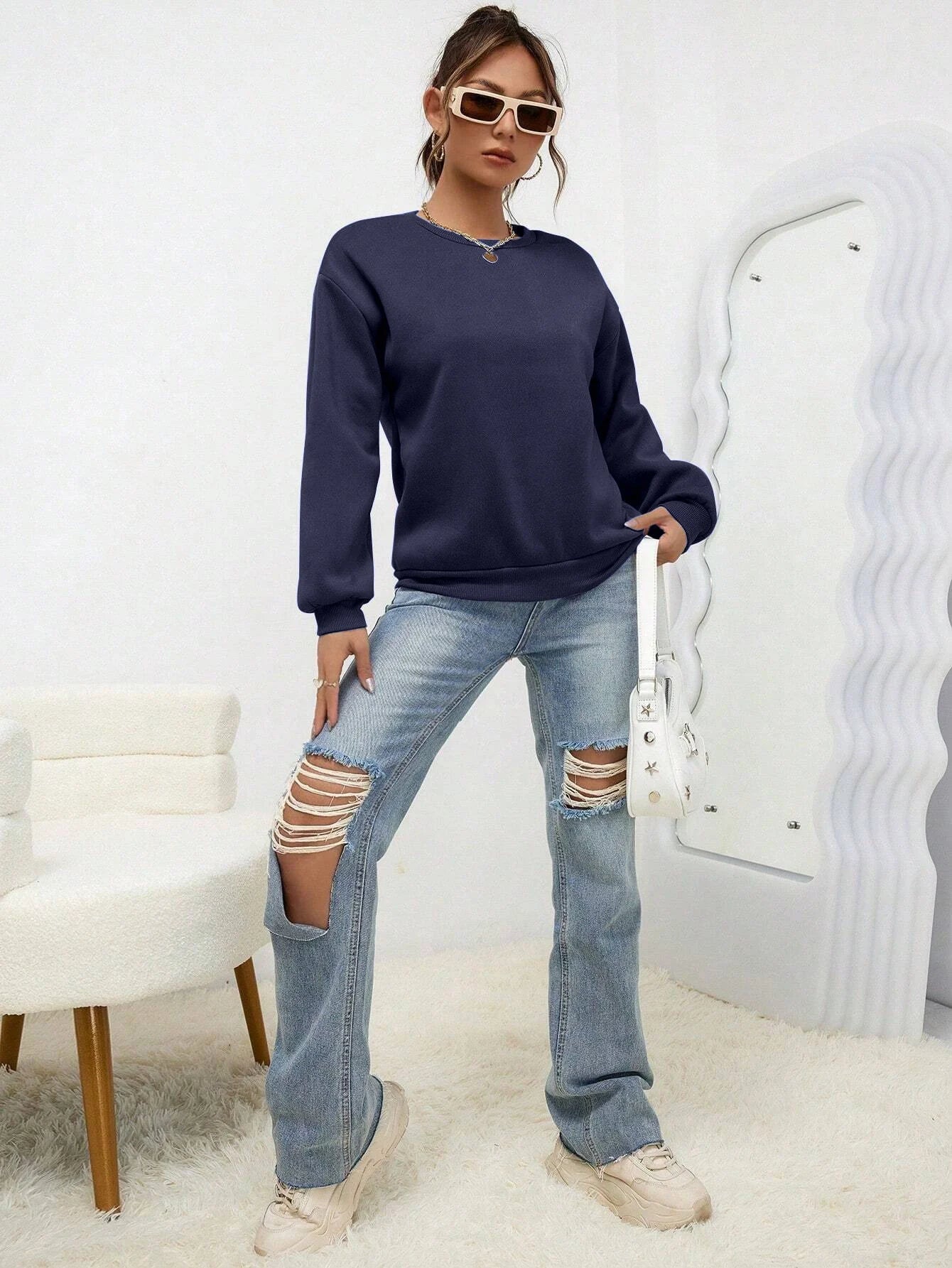 Woman Sweatshirt Casual Solid Color All-Match Clothing Loose Fashionable Pullovers Autumn Crewneck Warm Female Hoodies