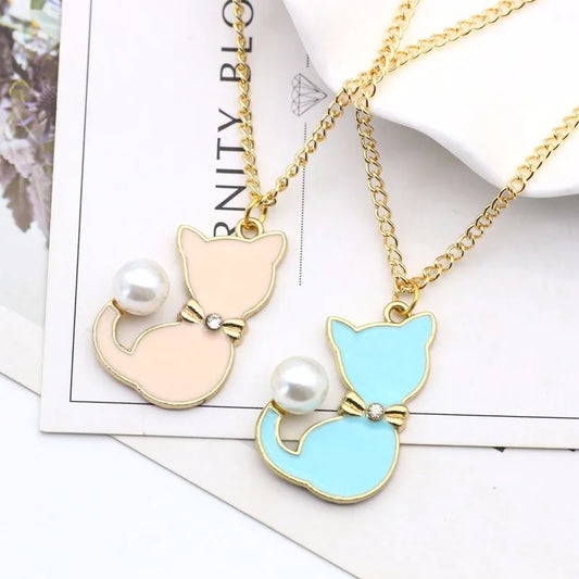 Cute Cat Pendant Necklace Animal Choker Rhinestone for Girl Pearl Cat Necklace Jewelry Trendy Accessories Birthday Gifts