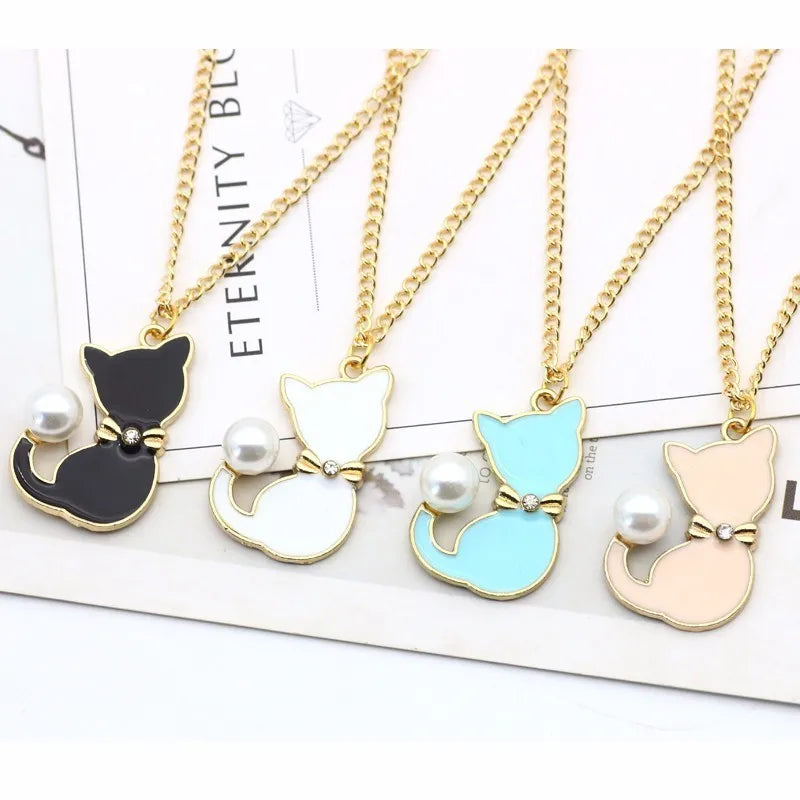 Cute Cat Pendant Necklace Animal Choker Rhinestone for Girl Pearl Cat Necklace Jewelry Trendy Accessories Birthday Gifts