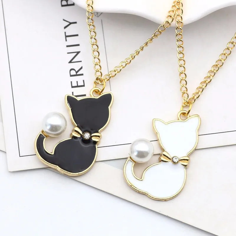Cute Cat Pendant Necklace Animal Choker Rhinestone for Girl Pearl Cat Necklace Jewelry Trendy Accessories Birthday Gifts