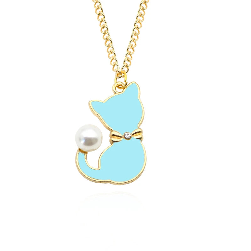 Cute Cat Pendant Necklace Animal Choker Rhinestone for Girl Pearl Cat Necklace Jewelry Trendy Accessories Birthday Gifts