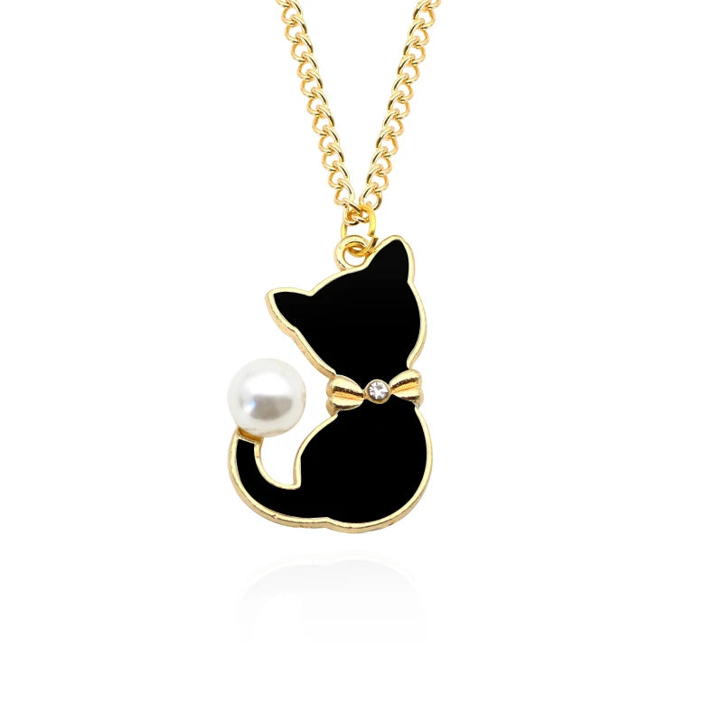Cute Cat Pendant Necklace Animal Choker Rhinestone for Girl Pearl Cat Necklace Jewelry Trendy Accessories Birthday Gifts