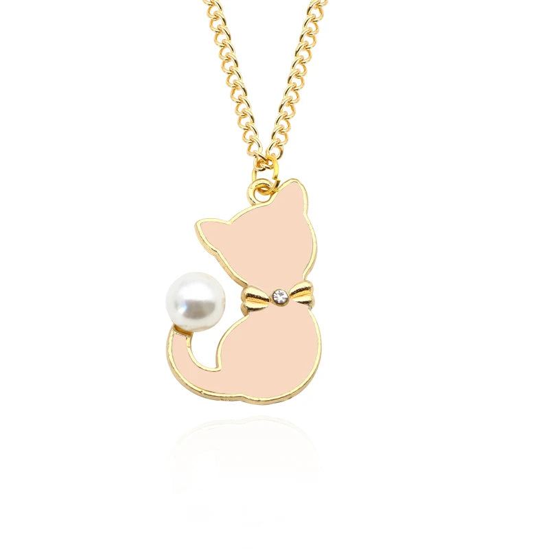 Cute Cat Pendant Necklace Animal Choker Rhinestone for Girl Pearl Cat Necklace Jewelry Trendy Accessories Birthday Gifts