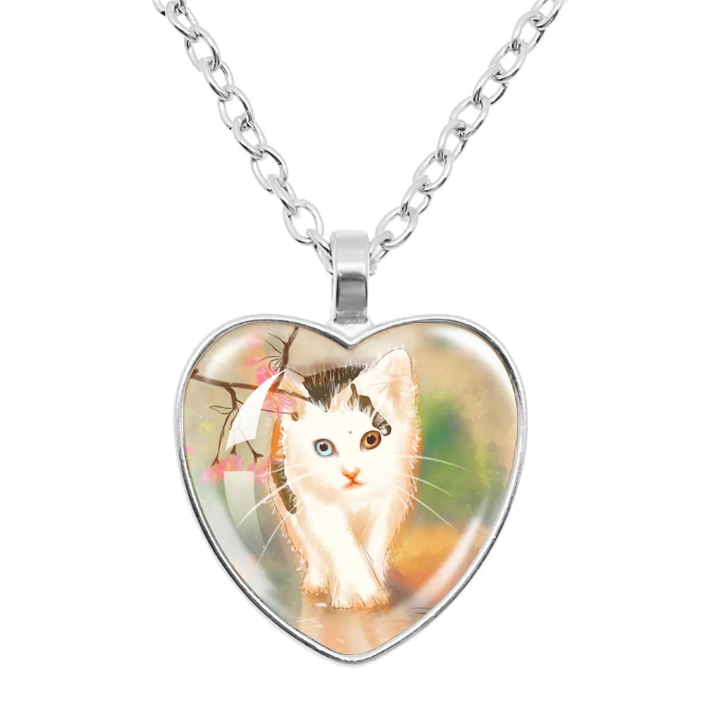 Fashion Accessories Cute Cats Patten Heart Shaped Glass Pendant Necklace Cute Animal Alloy Necklace Charms Jewelry Gifts