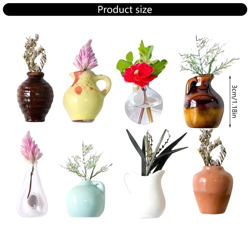 8Pcs (no plant) Mini Ceramics Vases Magnets Strong Magnetic Hold Buds Vases Magnets for Fridge Decoration and Office Use