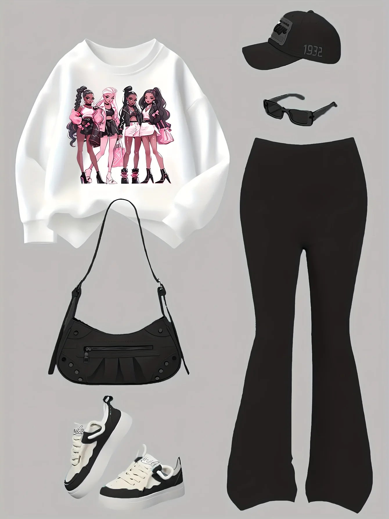 Girls' Sweatshirt and Bell-Bottom Pants Set with Cartoon Prints of Girl Groups, Y2K Trendy Cool Round-Neck Sweatshirt and Black Bell-Bottom Pants Set, Suitable for Girls to Wear in All Seasons, for Home Leisure and Going Out,