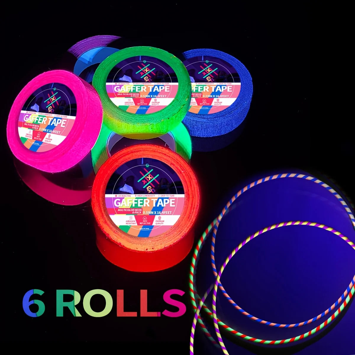 6-Pack Neon Fluorescent Tape Set 6 Vibrant Colors Uv Reactive For Black Light Parties & Crafts