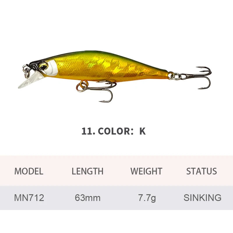 6.3cm 7.7g Fishing Lures Sinking Minnow Wobbler Long Casting Artificial Hard Bait Jerkbait Fishing Accessories Trout Bass MN712
