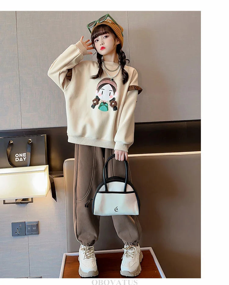 New Sweatshirt for Kids Girl Spring Fashion Ruffle Long Sleeve Tops Girl Cartoon Pattern Clothes Teenage Child Casual Streetwear