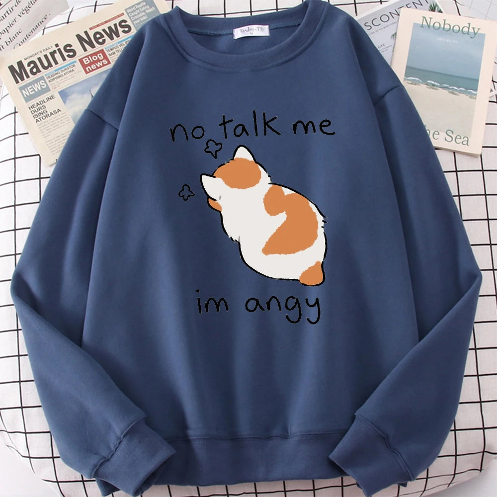 Female Sweatshirts No Talk Me Cute Angy Cat Print Top Women Harajuku Oversize Long-Sleeve Kawaii Animal 2024 New Lady Sweatshirt