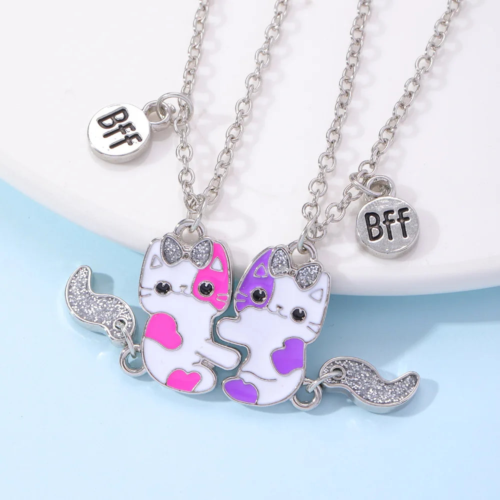 2Pcs/Set Cute Cat Pendant Necklace For Friend With BFF Letter Fashion Magnetic Adjustable Heart Shaped Necklace Jewelry Gift