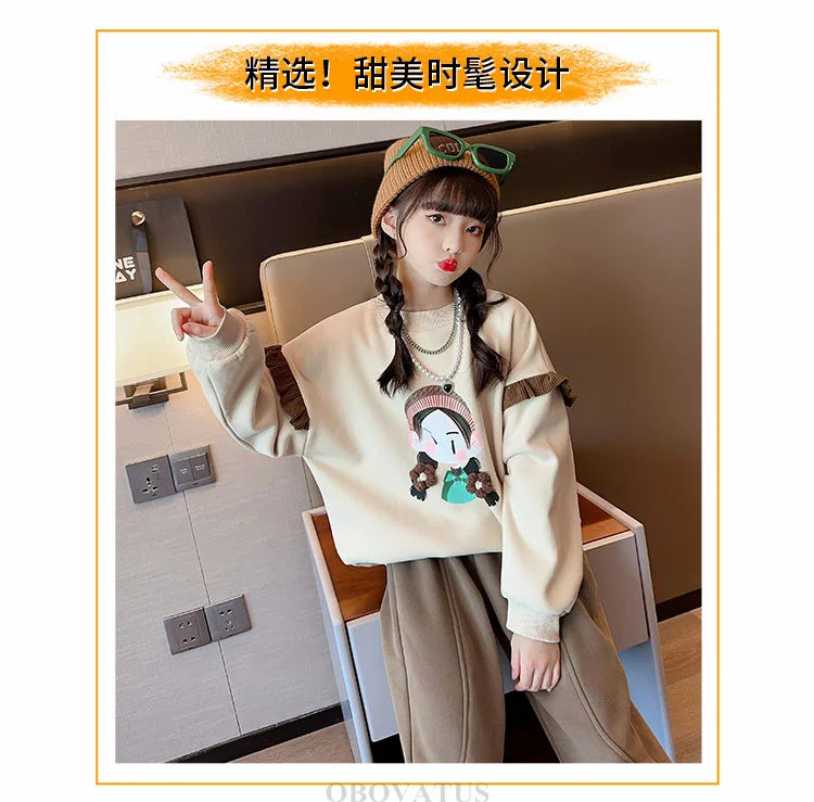 New Sweatshirt for Kids Girl Spring Fashion Ruffle Long Sleeve Tops Girl Cartoon Pattern Clothes Teenage Child Casual Streetwear