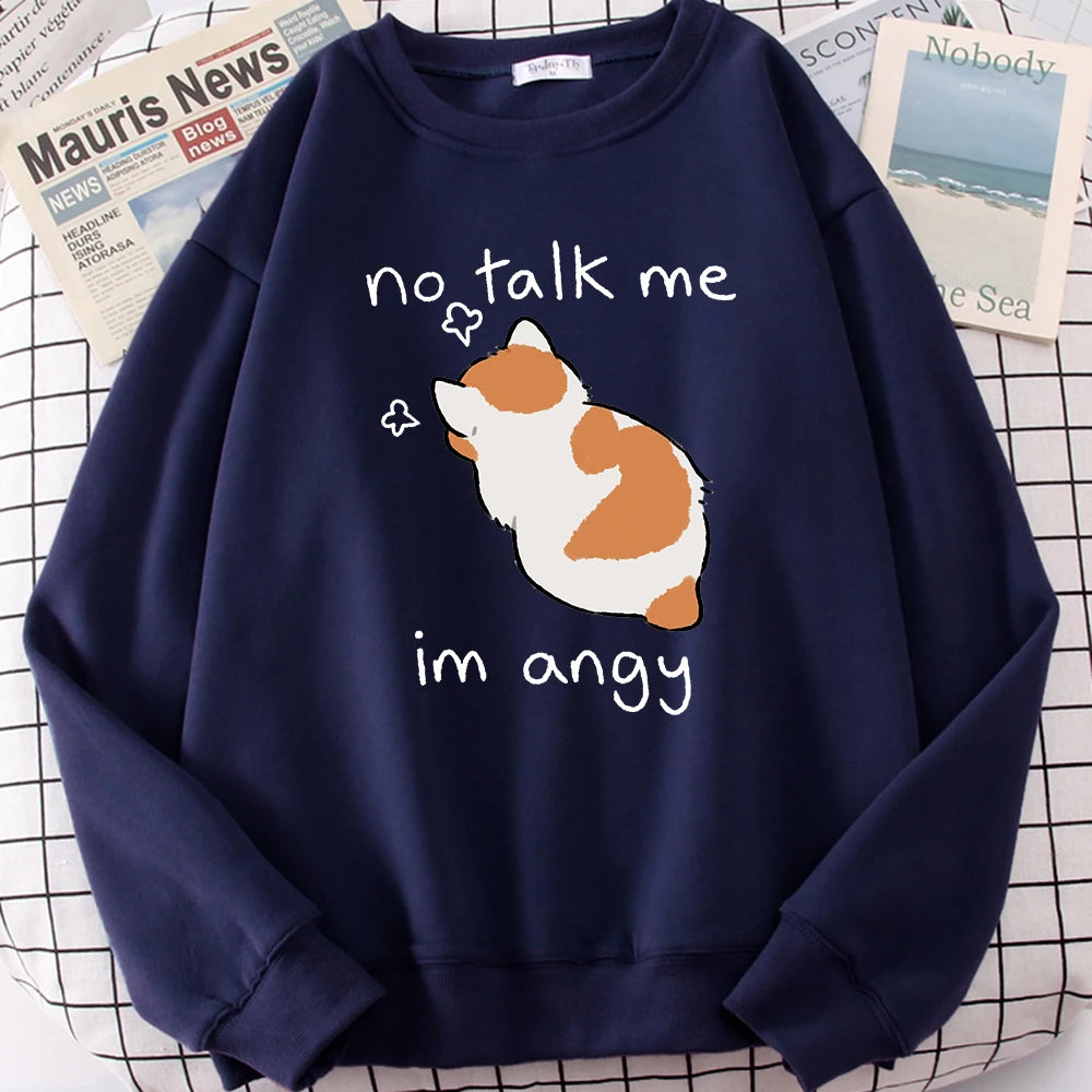 Female Sweatshirts No Talk Me Cute Angy Cat Print Top Women Harajuku Oversize Long-Sleeve Kawaii Animal 2024 New Lady Sweatshirt