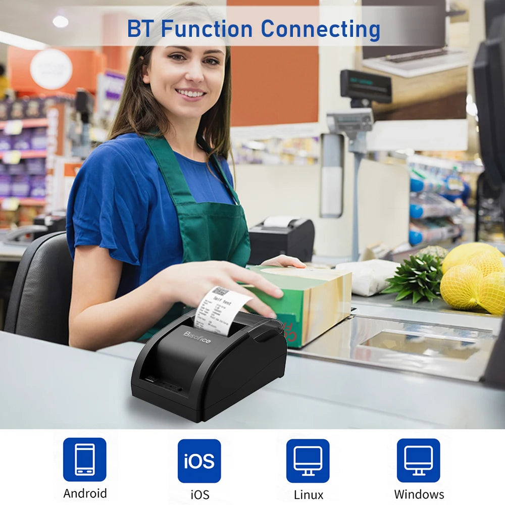 Wireless Barcode Printer USB BT Printer 58mm Desktop Thermal Receipt Printer with 1 Roll Paper Inside Support ESC Command