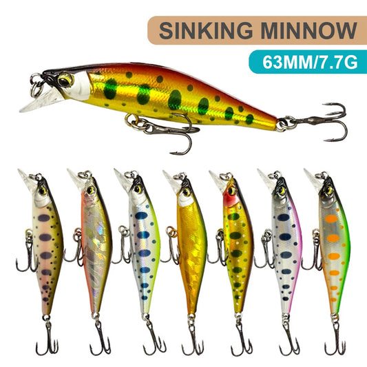 6.3cm 7.7g Fishing Lures Sinking Minnow Wobbler Long Casting Artificial Hard Bait Jerkbait Fishing Accessories Trout Bass MN712
