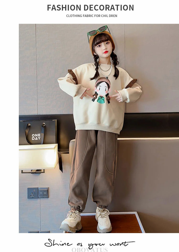 New Sweatshirt for Kids Girl Spring Fashion Ruffle Long Sleeve Tops Girl Cartoon Pattern Clothes Teenage Child Casual Streetwear