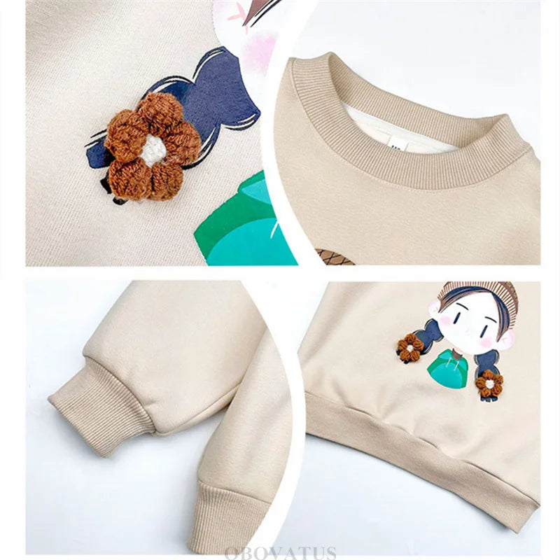 New Sweatshirt for Kids Girl Spring Fashion Ruffle Long Sleeve Tops Girl Cartoon Pattern Clothes Teenage Child Casual Streetwear