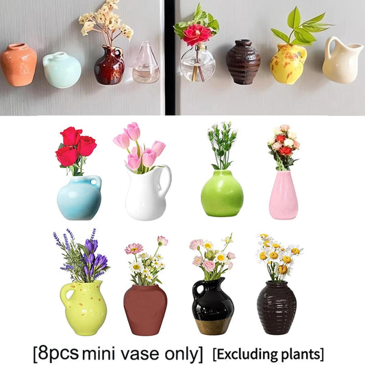 5/8Pcs (no plant) Mini Ceramics Vases Magnets Strong Magnetic Hold Buds Vases Magnets for Fridge Decoration and Office Use