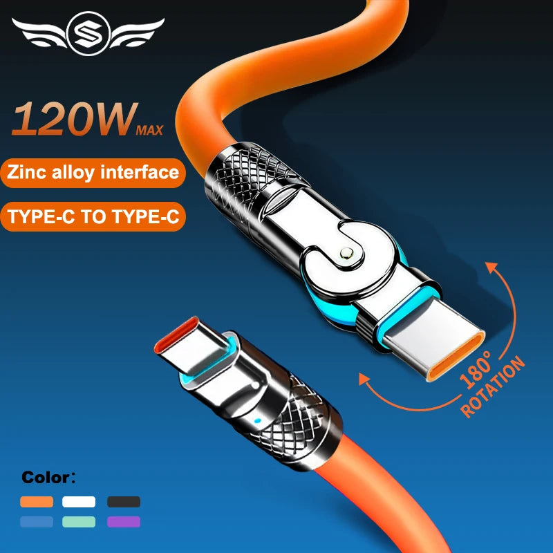 120w 6a Super Fast Charge Type C Silicone 180 ° rotating elbow TYPE-C-C data cable 1M 2M Usb Cable Usb C to C Charger Cable