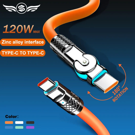 120w 6a Super Fast Charge Type C Silicone 180 ° rotating elbow TYPE-C-C data cable 1M 2M Usb Cable Usb C to C Charger Cable