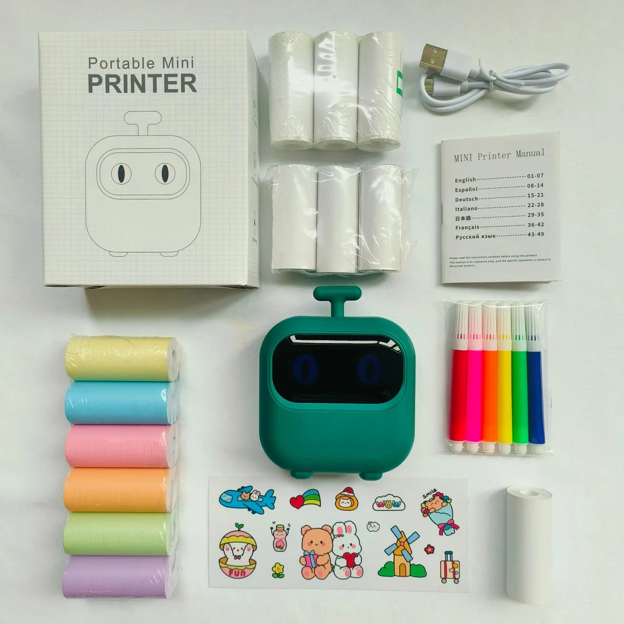 Wireless Mini Printer Set with 6 Color Thermal Papers, 3 Sticker Rolls, 3 Receipt Papers, 6 Pens & Sticker Sheet - Portable Labe