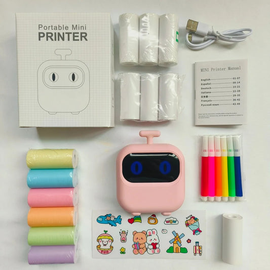 Wireless Mini Printer Set with 6 Color Thermal Papers, 3 Sticker Rolls, 3 Receipt Papers, 6 Pens & Sticker Sheet - Portable Labe