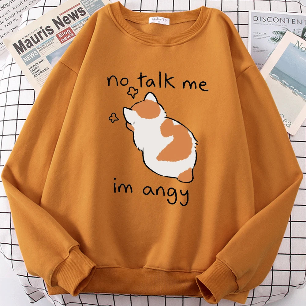 Female Sweatshirts No Talk Me Cute Angy Cat Print Top Women Harajuku Oversize Long-Sleeve Kawaii Animal 2024 New Lady Sweatshirt