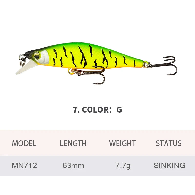 6.3cm 7.7g Fishing Lures Sinking Minnow Wobbler Long Casting Artificial Hard Bait Jerkbait Fishing Accessories Trout Bass MN712