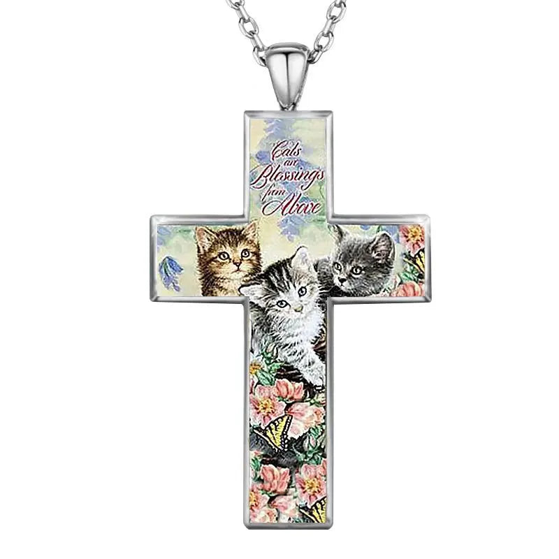 Trendy Cute Three Cats Cross Pendant Necklace for Kid Christian Religious Jewelry Accessories for Friend Birthday Gift Ожерелье