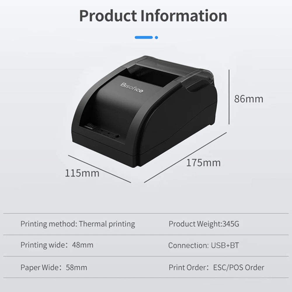 Wireless Barcode Printer USB BT Printer 58mm Desktop Thermal Receipt Printer with 1 Roll Paper Inside Support ESC Command
