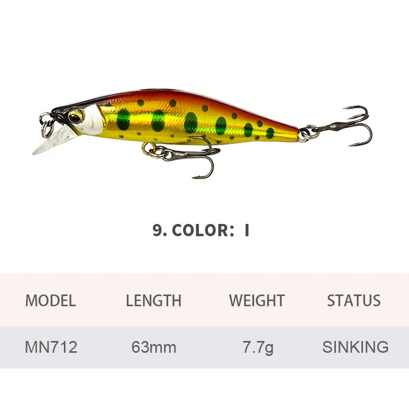 6.3cm 7.7g Fishing Lures Sinking Minnow Wobbler Long Casting Artificial Hard Bait Jerkbait Fishing Accessories Trout Bass MN712