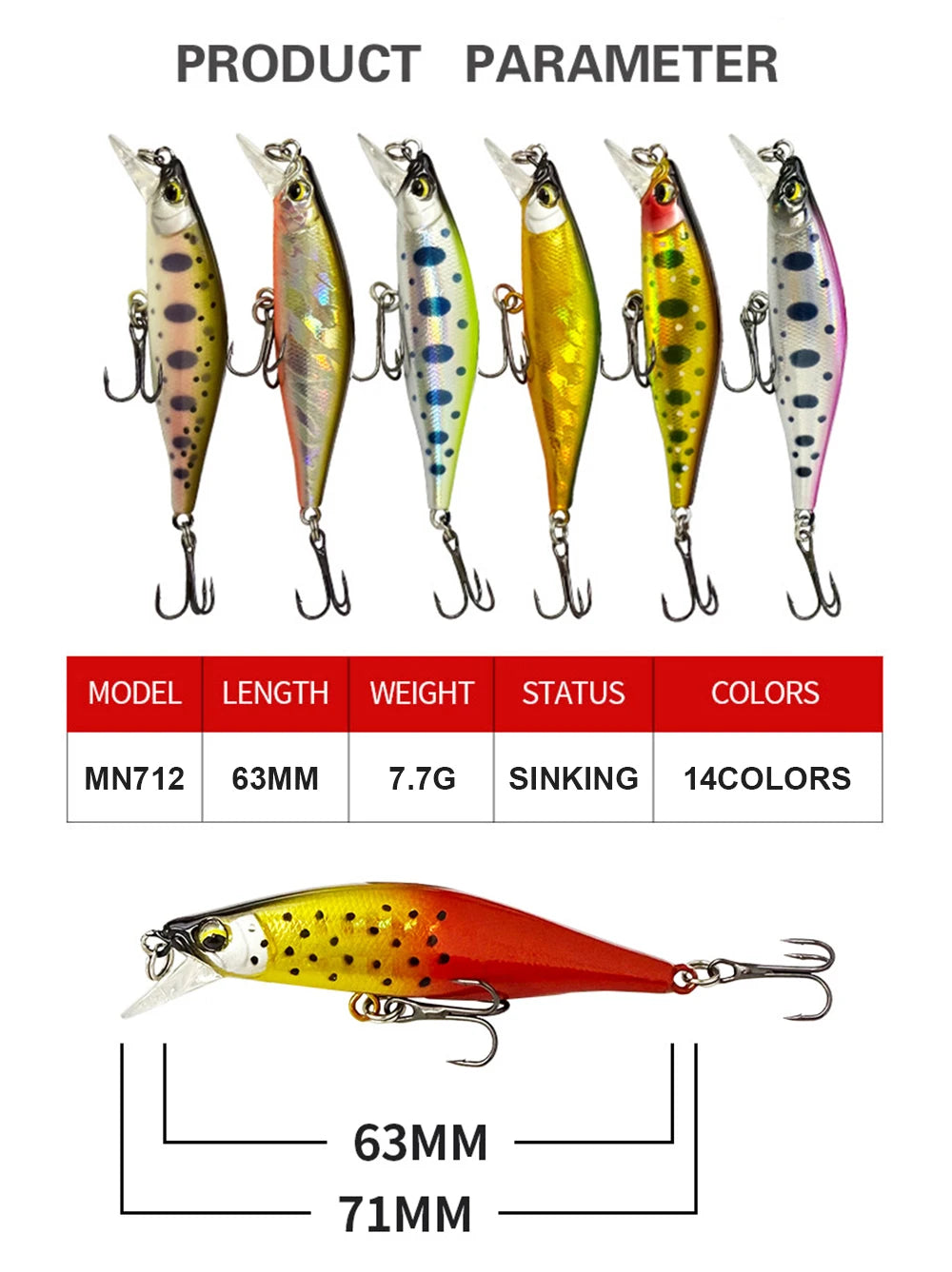 6.3cm 7.7g Fishing Lures Sinking Minnow Wobbler Long Casting Artificial Hard Bait Jerkbait Fishing Accessories Trout Bass MN712