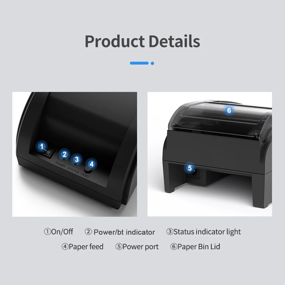 Wireless Barcode Printer USB BT Printer 58mm Desktop Thermal Receipt Printer with 1 Roll Paper Inside Support ESC Command