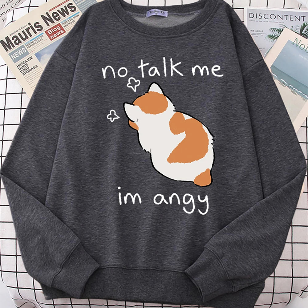 Female Sweatshirts No Talk Me Cute Angy Cat Print Top Women Harajuku Oversize Long-Sleeve Kawaii Animal 2024 New Lady Sweatshirt
