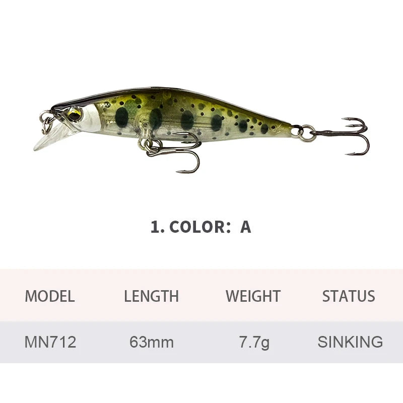 6.3cm 7.7g Fishing Lures Sinking Minnow Wobbler Long Casting Artificial Hard Bait Jerkbait Fishing Accessories Trout Bass MN712