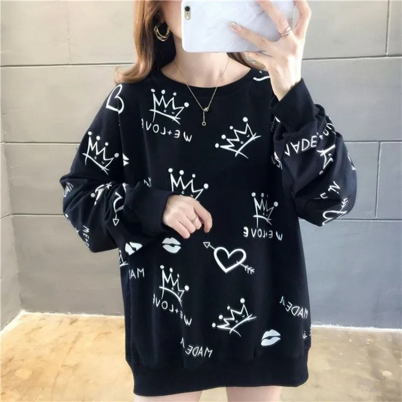 Women's Sweatshirts Black Youthful Clothes Emo Sport Korean Streetwear Y2k Japanese New In Plus Size Female Pullover Top Graphic