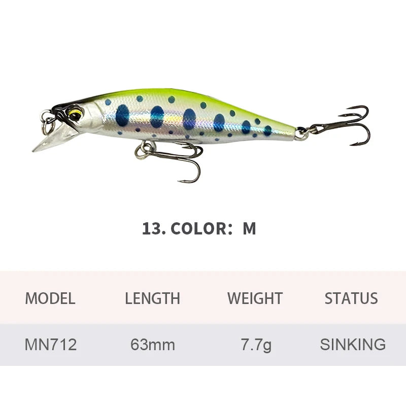 6.3cm 7.7g Fishing Lures Sinking Minnow Wobbler Long Casting Artificial Hard Bait Jerkbait Fishing Accessories Trout Bass MN712