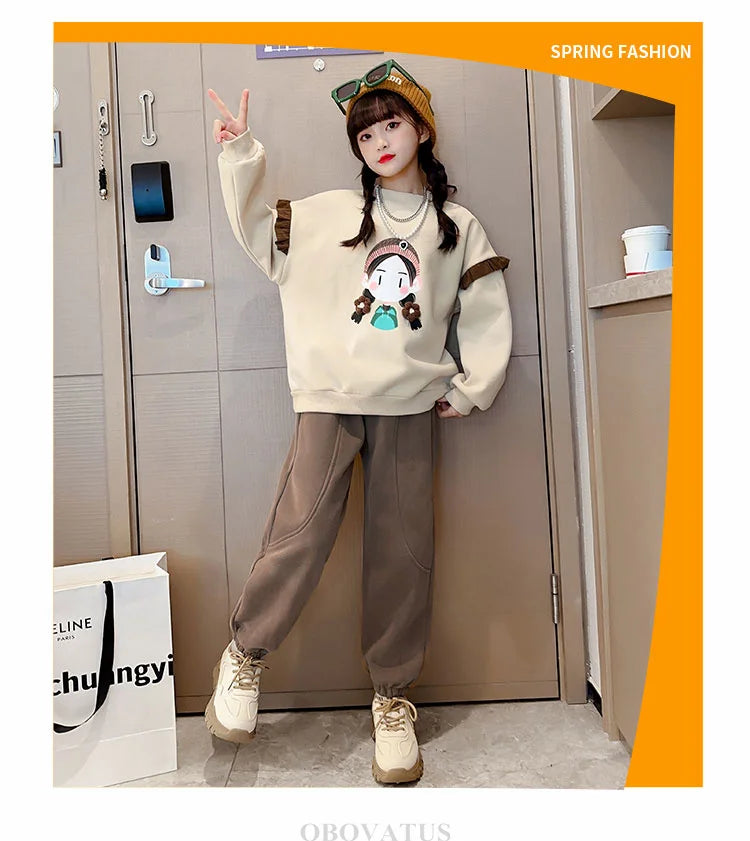 New Sweatshirt for Kids Girl Spring Fashion Ruffle Long Sleeve Tops Girl Cartoon Pattern Clothes Teenage Child Casual Streetwear
