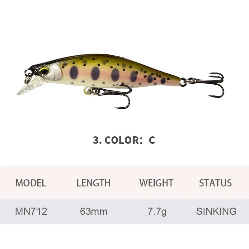 6.3cm 7.7g Fishing Lures Sinking Minnow Wobbler Long Casting Artificial Hard Bait Jerkbait Fishing Accessories Trout Bass MN712