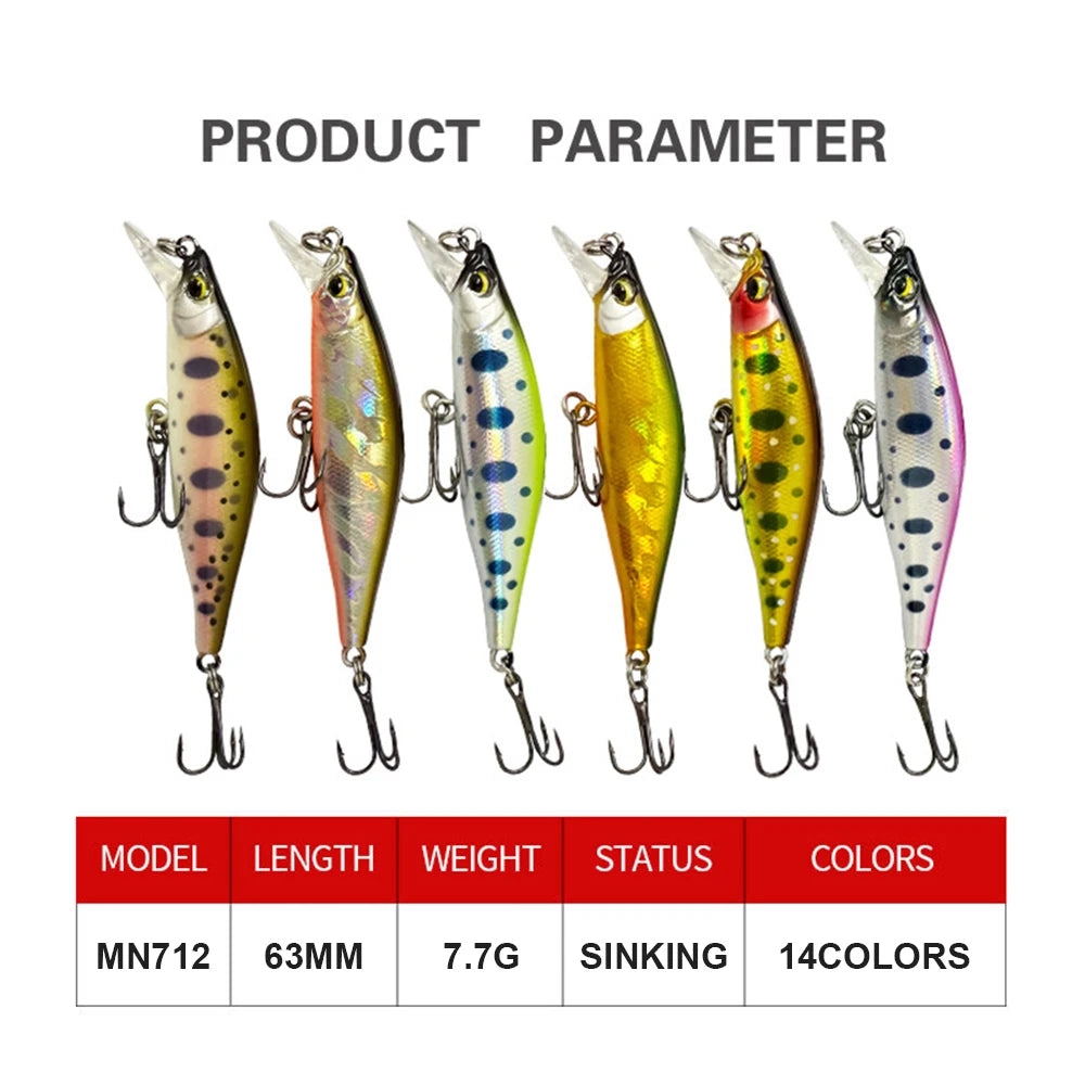 6.3cm 7.7g Fishing Lures Sinking Minnow Wobbler Long Casting Artificial Hard Bait Jerkbait Fishing Accessories Trout Bass MN712