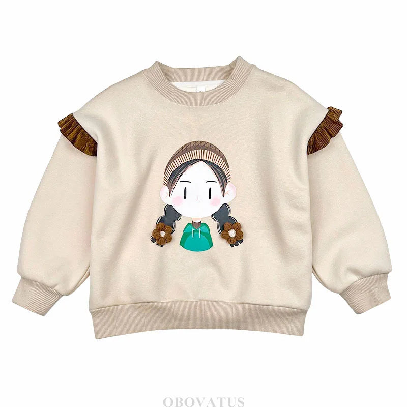 New Sweatshirt for Kids Girl Spring Fashion Ruffle Long Sleeve Tops Girl Cartoon Pattern Clothes Teenage Child Casual Streetwear