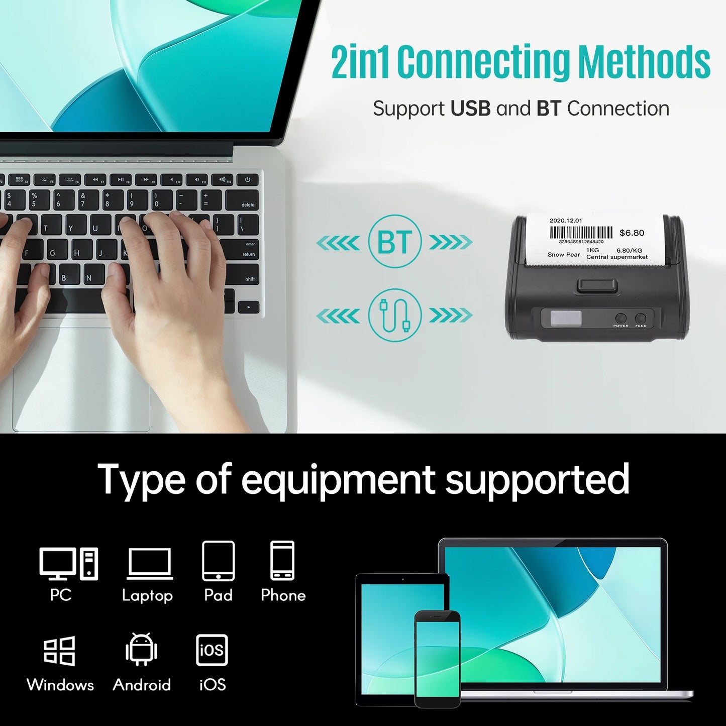 Wireless Thermal Receipt Printer 4-inch 110mm Portable Mobile Printer 203dpi Print BT USB Connect for Small Business Market